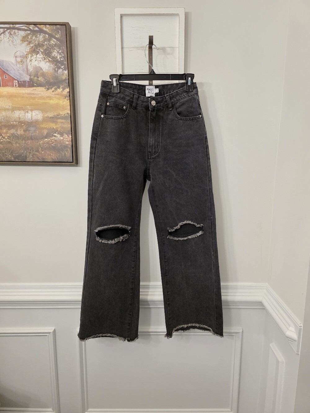 Princess Polly Black Wash High-Waisted Wide Leg Distressed Jeans Size 4